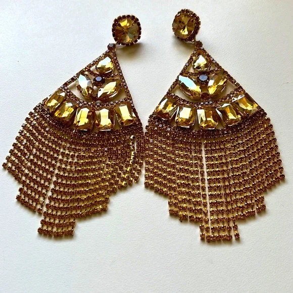 Huge gold sparkle rhinestone fancy large drop earrings - Picture 3 of 8